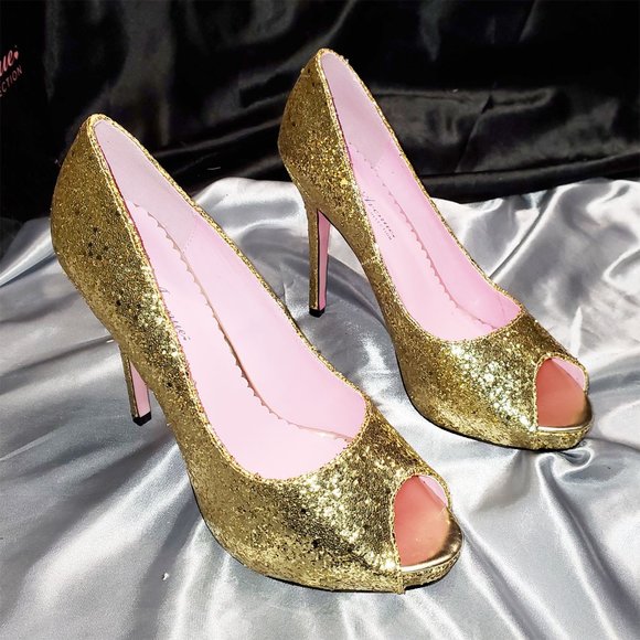 Leg Avenue Shoes Nib Leg Avenue Gold Glitter Open Toe High Heel Pumps With Pink Soles 5011